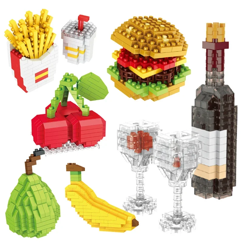 Mini blocs de construction de fruits, restauration rapide, bricolage, vin, hamburger, frites, Hot Dog, gâteau, Puzzle, jouet d'assemblage, cadeau pour garçon et fille