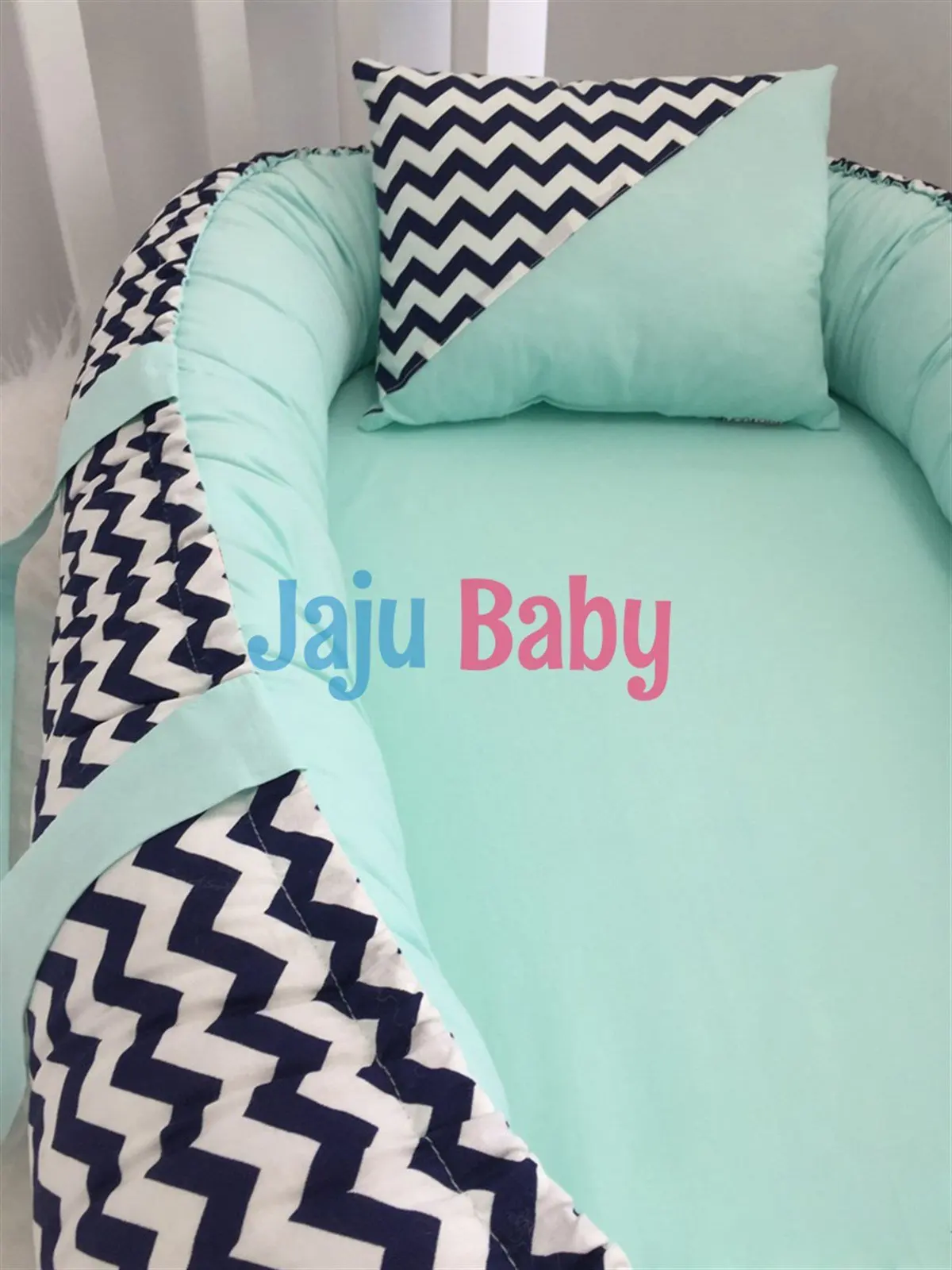 Handmade Navy Blue Zigzag Luxury Orthopedic Baby Nest