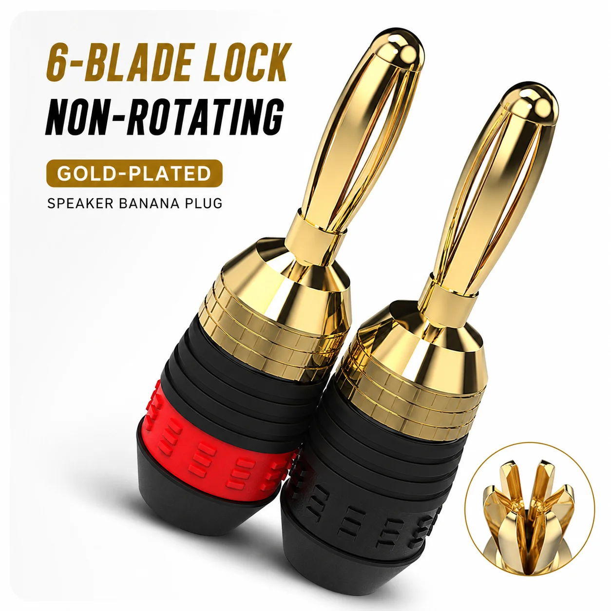 Self-Crimping Banana Plugs – 6-Leaf Non-Rotating Design, Gold-Plated Speaker Connectors for 6.4mm Cables, Hi-Fi Audio