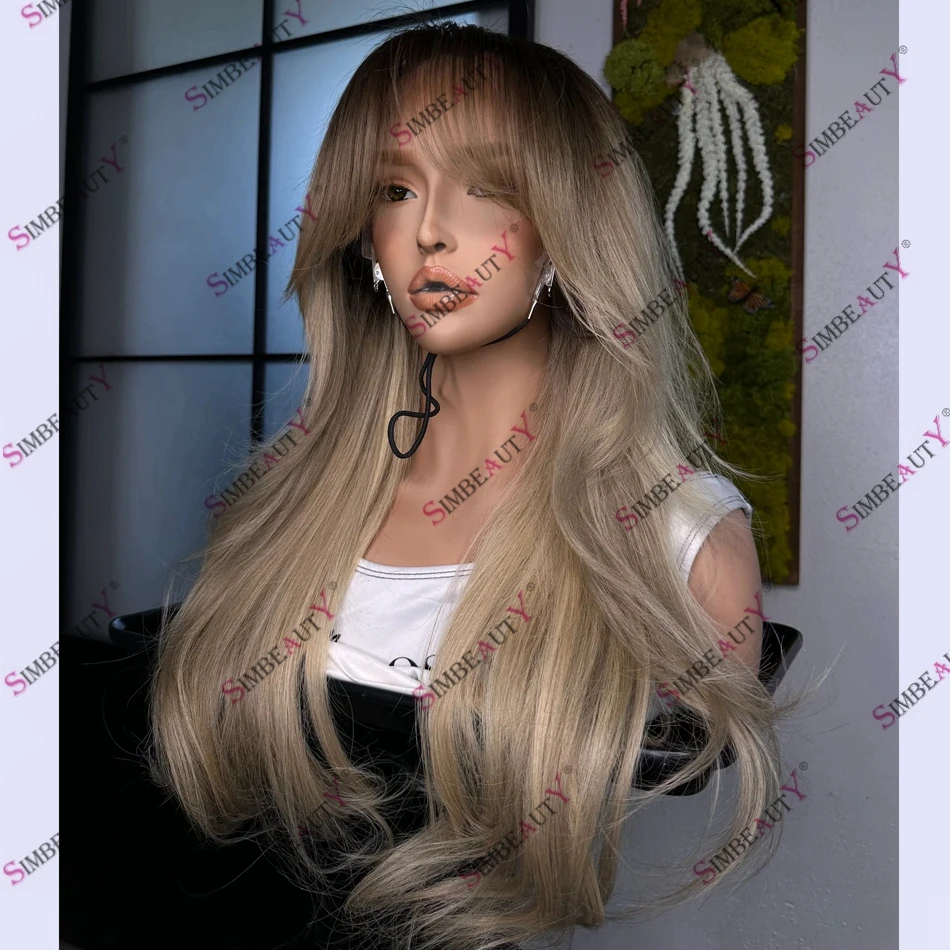 French Bangs 100% Human Hair Lace Front Wig for Women Light Airy Fringe Style Transparent 13x6 Lace Front Wig 200 Density Remy