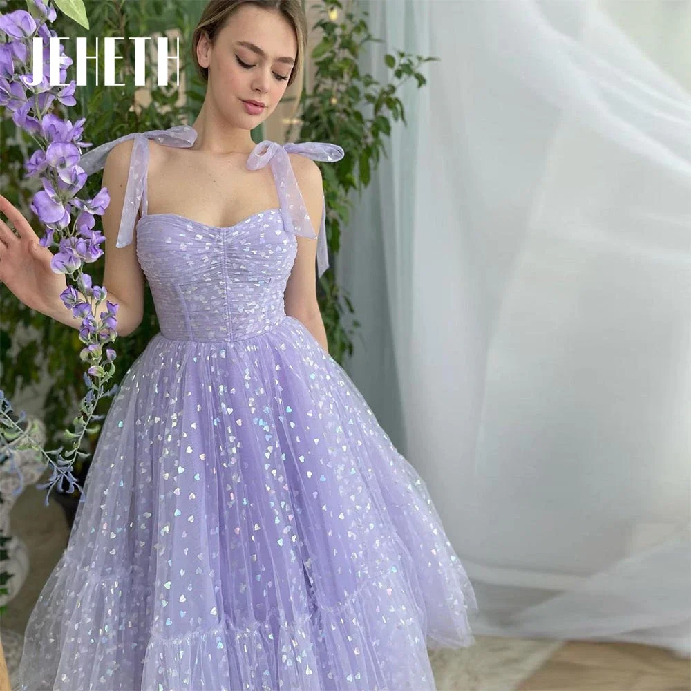 JEHETH Coração Roxo Imprimir Prom Dress Querida Tule Bow Correias Tornozelo Comprimento Vestidos de noite Backless A-Line Festa Formal فساتين