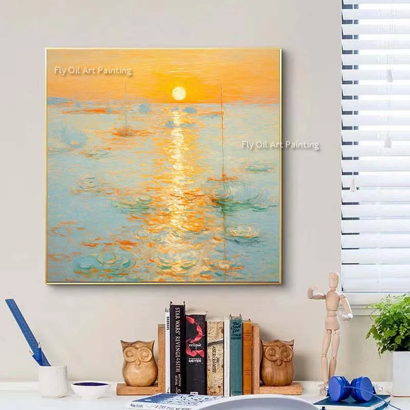 Large Sunset Seascape Oil Painting On Canvas Hand Painted Abstract Yellow Beach Landscape Painting Textured Wall Art  For Decor