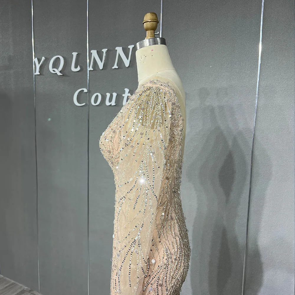 YQLNNE Luxury Nude Crystals Evening Dresses Long Sleeve Tulle Beaded Mermaid Formal Women Gowns