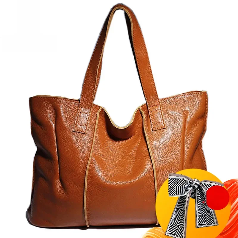 Zency 100% Skórzana Torebka Damska Duża Pojemność Torba na Ramię Retro Shopper Wysokiej Jakości Hobo Brązowe Torby na Zakupy — zdjęcie 2