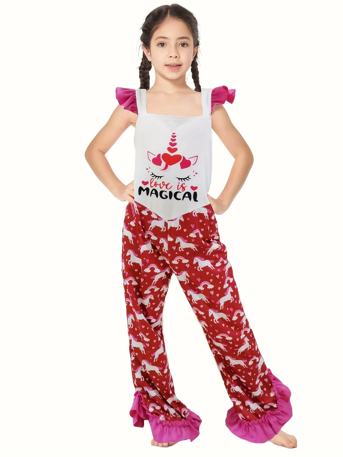 Teenager Girl Unicorn Jumpsuit Summer Red Hearts Ruffle Sleeve Kids  Magical Princess Inspired Onesie view 6