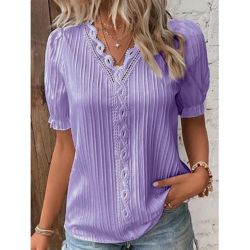 Elegant  Summer Hollow Lace Patchwork Women Shirt Chic Blouse V Neck Short Sleeve Shirt Plain Lace Casual Basic Regular Tops