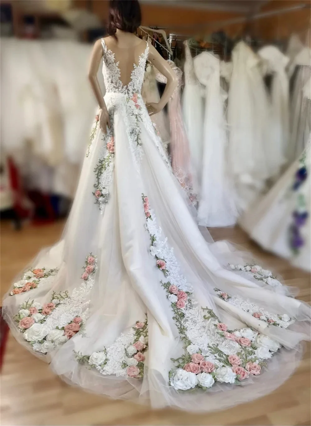 Abiti da sposa da sposa con applicazioni floreali 3D senza maniche con scollo a v in Tulle abiti a trapezio per le donne festa di nozze sera occasione formale