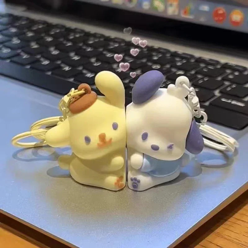 MINISO 2Pcs Anime Magnetic Keychain Cute Pochacco PomPomPurin Key Ring Kawaii Anime Melody Kuromi Pendant Decoration Kids Gift image 3