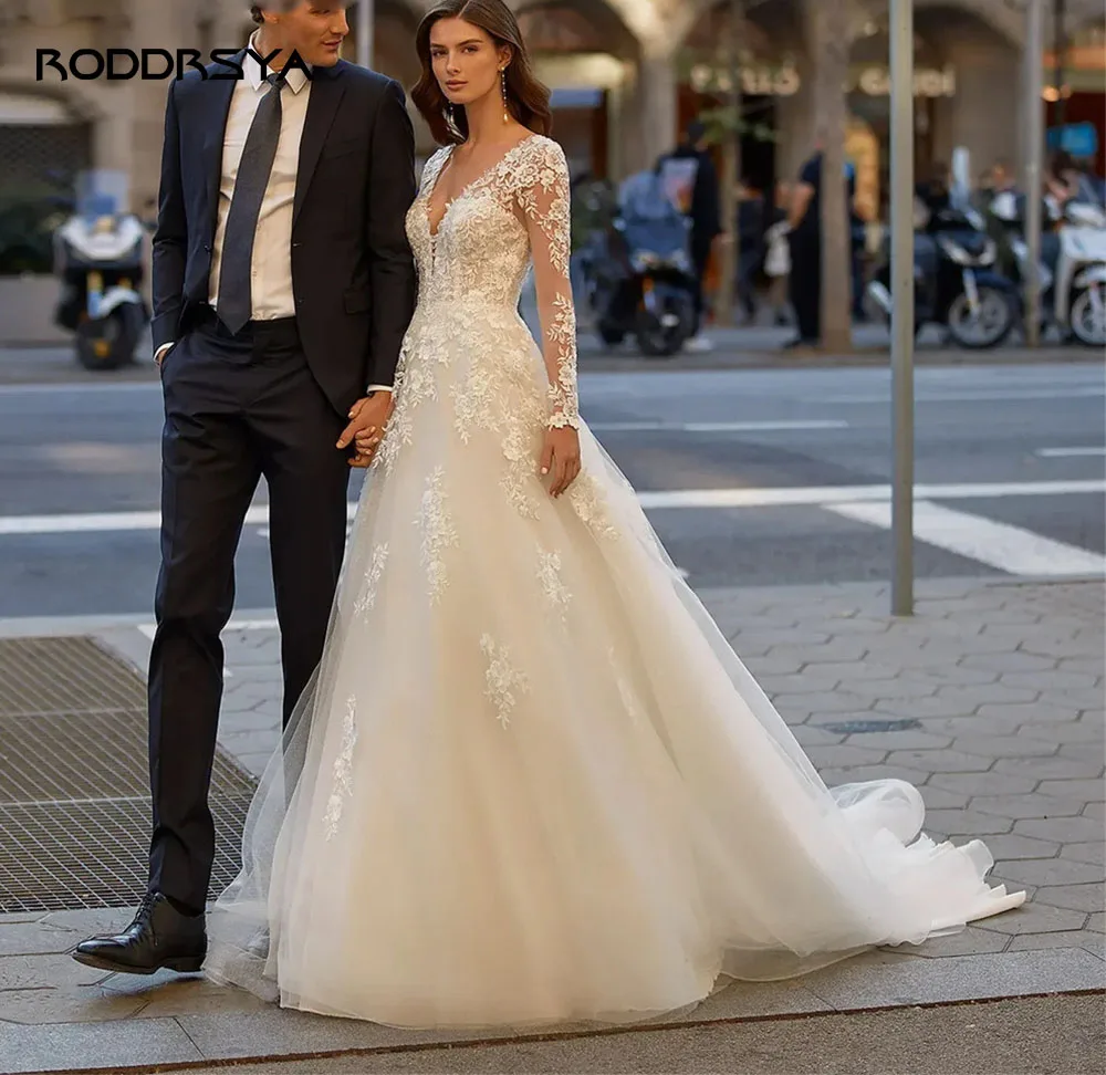 RODDRSYA-Robe de Mariée de Luxe à Col en V pour Femme, Vêtement à Manches sulf, pour Patients, quel que soit l'Application, Bouton au Dos, 2023