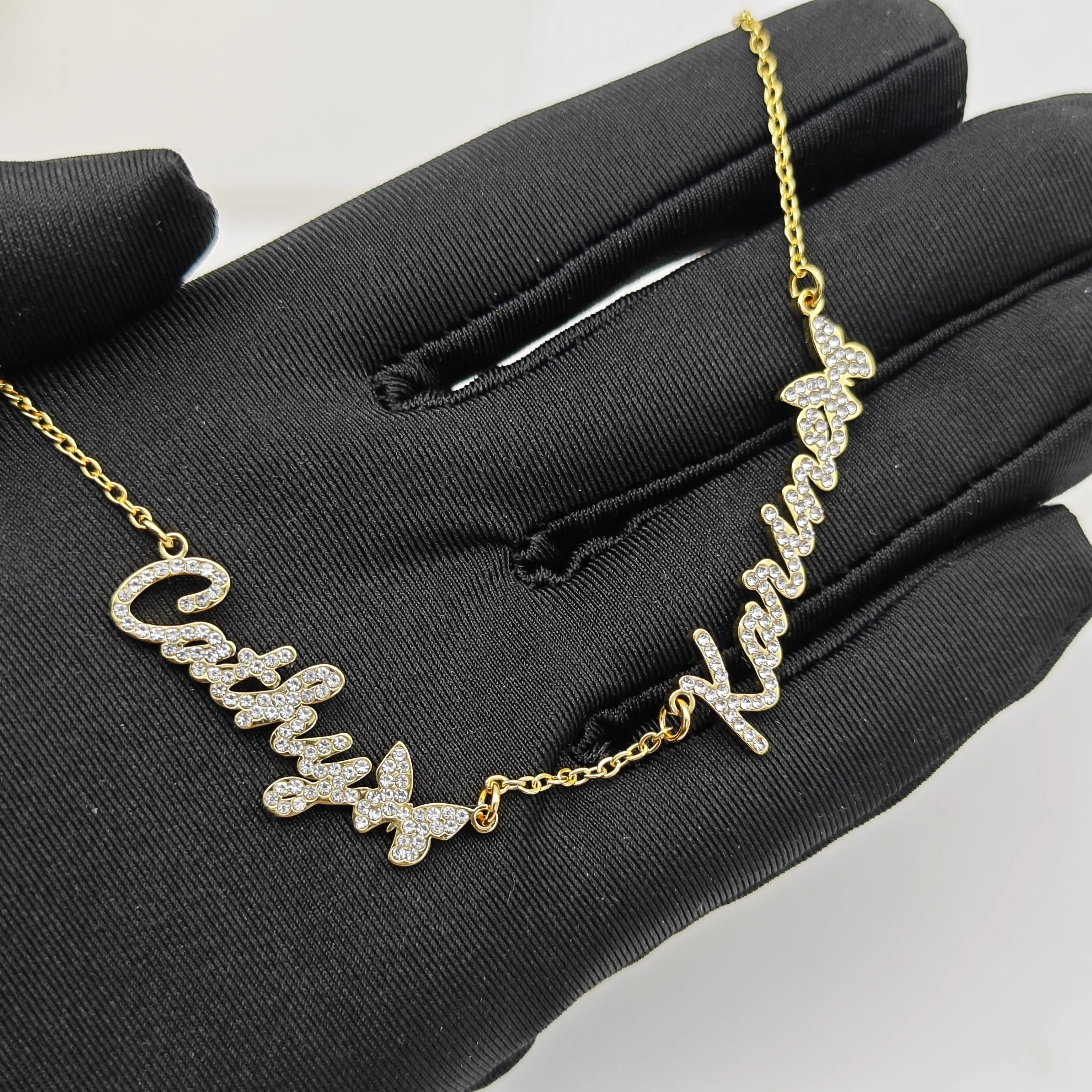 Lateefah Personalized Custom Name Gift Multiple Name Necklace Pave Diamond Butterfly Charm NecklaceNecklace
