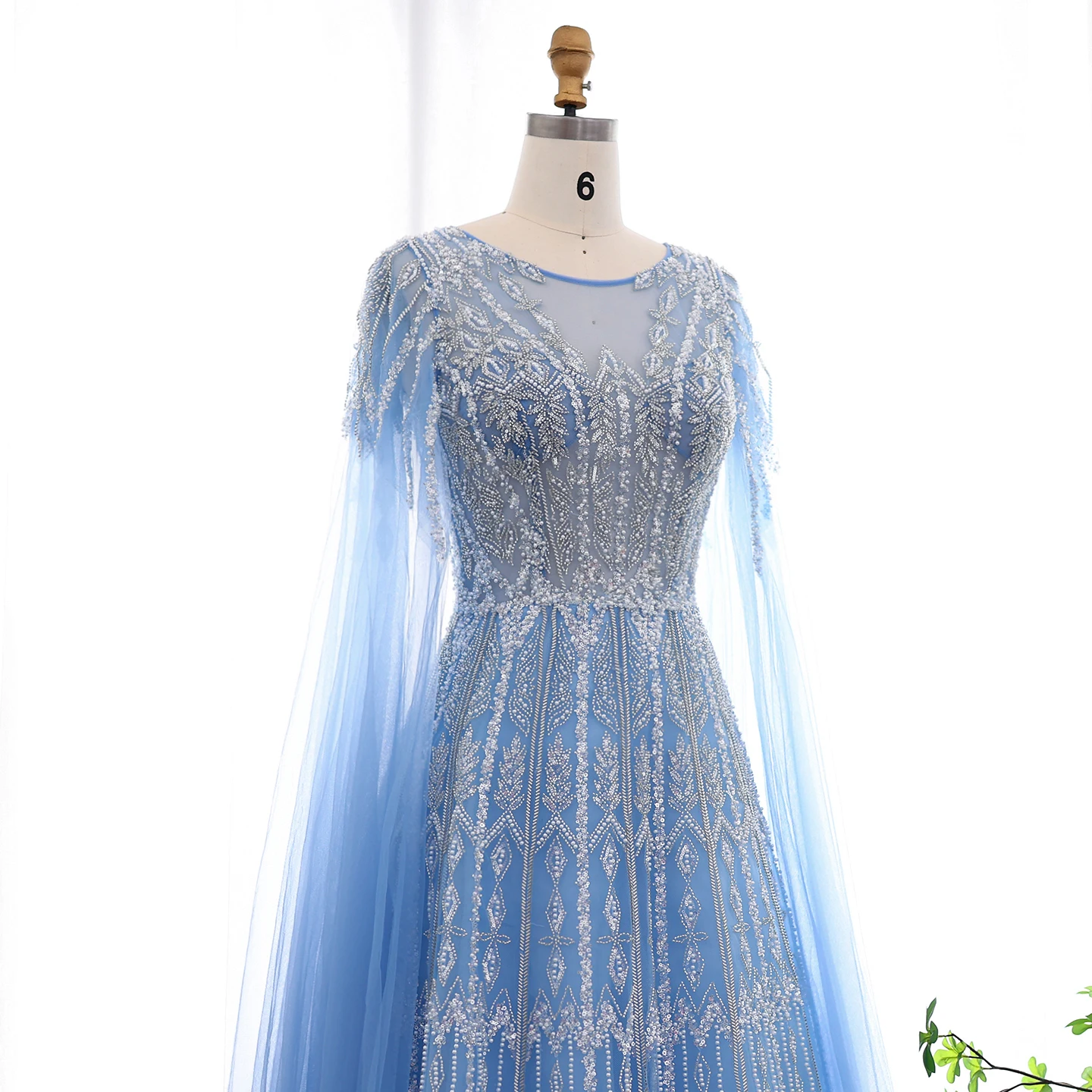 Sharon Said Luxuriöses Dubai Blaues Abendkleid mit Cape-Ärmeln in Übergröße, A-Linie, Arabisches Hochzeits- und Festkleid SS001, Maßanfertigung – Detail 6
