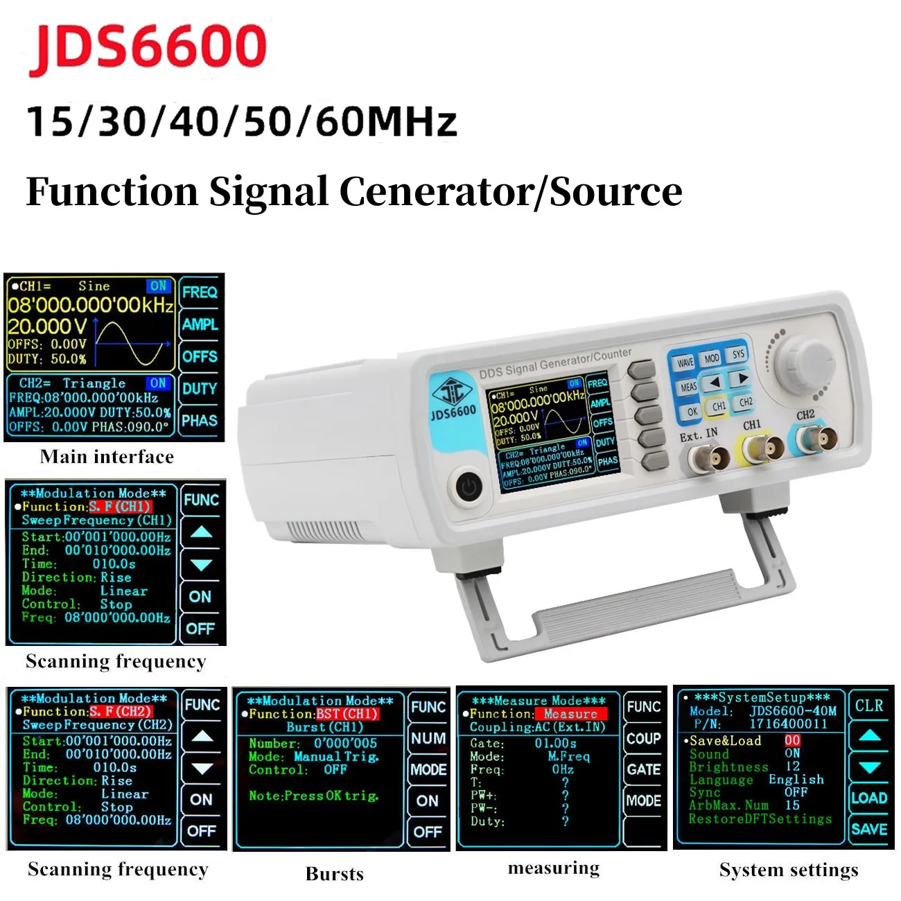 JDS6600 15/30/40/50/60MHz DDS Function Signal Generator 266MSa/s 14bits 2-CH Frequency Meter Arbitrary Waveform Pulse Generator