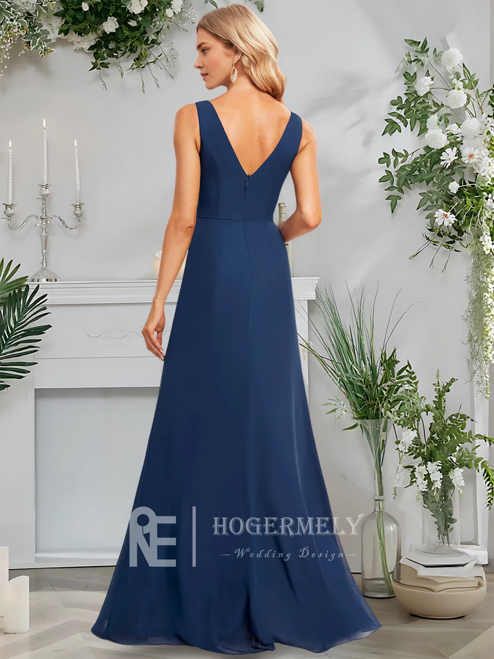 ​ ​ فساتين وصيفة الشرف شيفون فاخرة باللون الأزرق الداكن على شكل حرف a على شكل حرف v بطول الأرض مع كشكشة بدون أكمام لحفلات الزفاف للضيوف 2025 ​