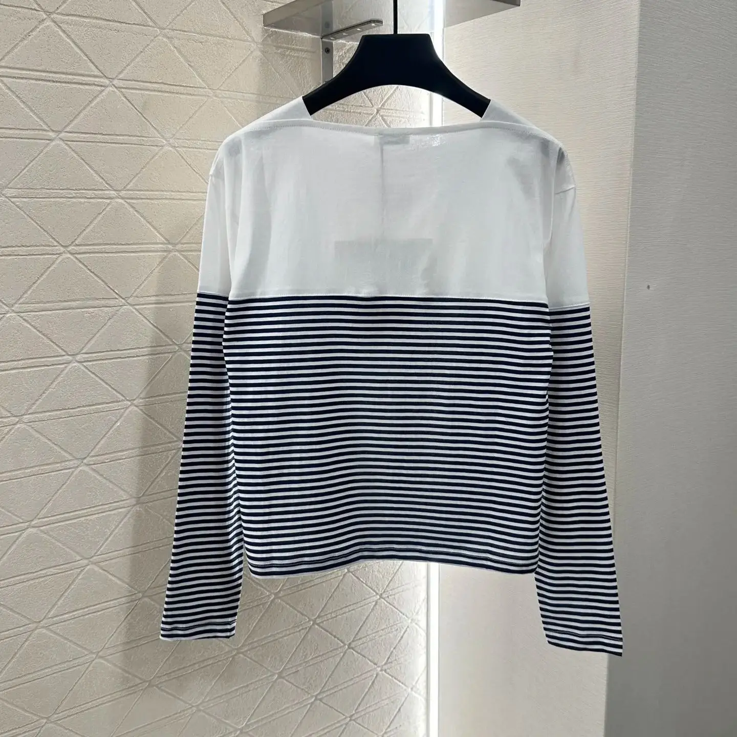 

2025 Striped Stitching One Shoulder Long Sleeve Cotton Poplin Upper Body Plain Lower Body Blue White Striped Flat High Neck
