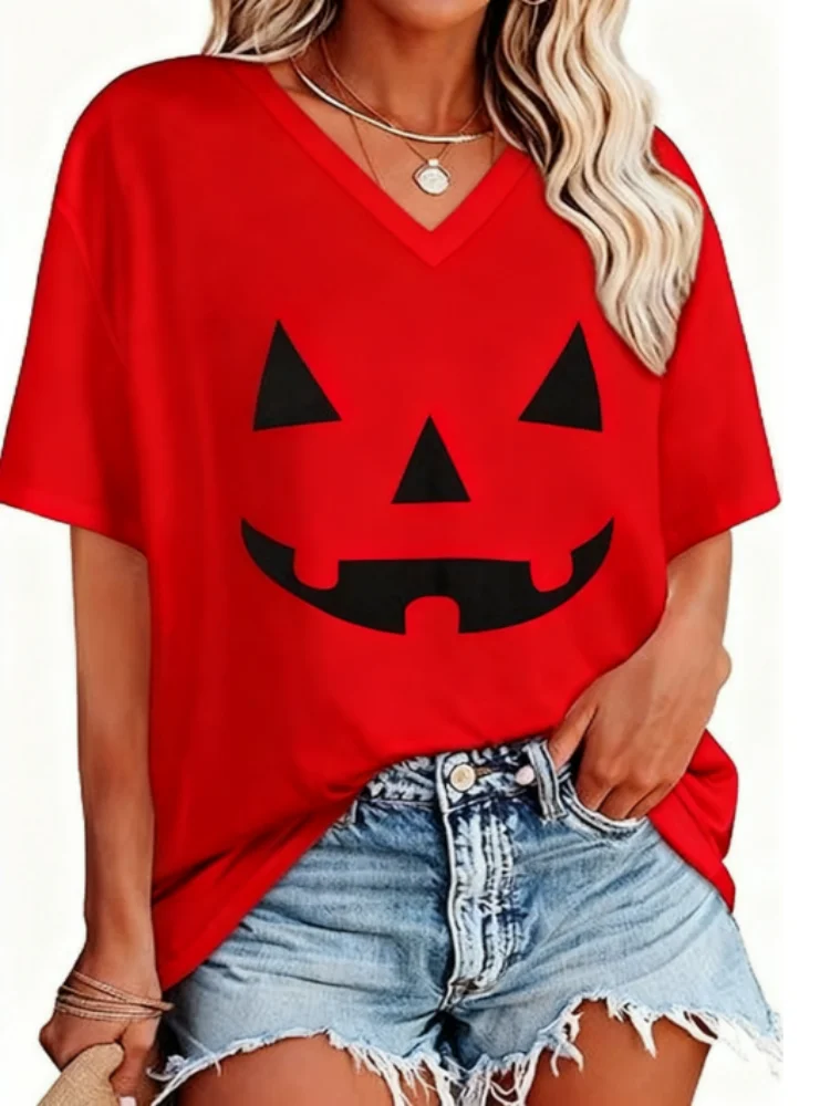 تيشيرتات كبيرة الحجم مصنوعة من القطن بنسبة 100% للنساء بياقة على شكل V وأكمام قصيرة وطبقة أساسية شتوية كاجوال فضفاضة