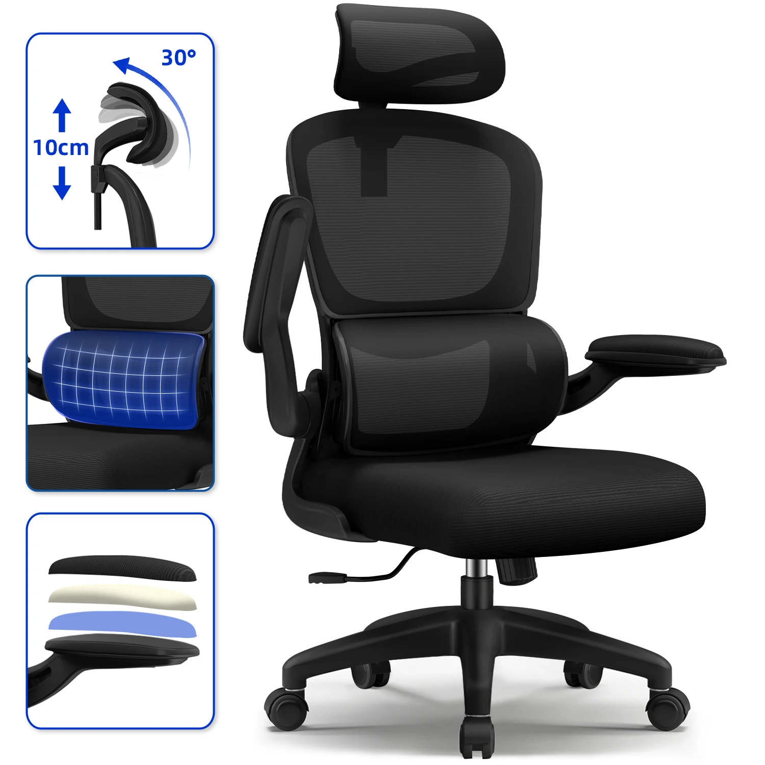 Silla de oficina ergonómica Hiazurm, con soporte lumbar ajustable, reposacabezas, 90 °   Reposabrazos plegables y función de balanceo, capacidad de carga de 150 kg, negro, silla para juegos, silla de oficina cómoda, sillas de escritorio con ruedas, silla para juegos, silla de oficina cómoda