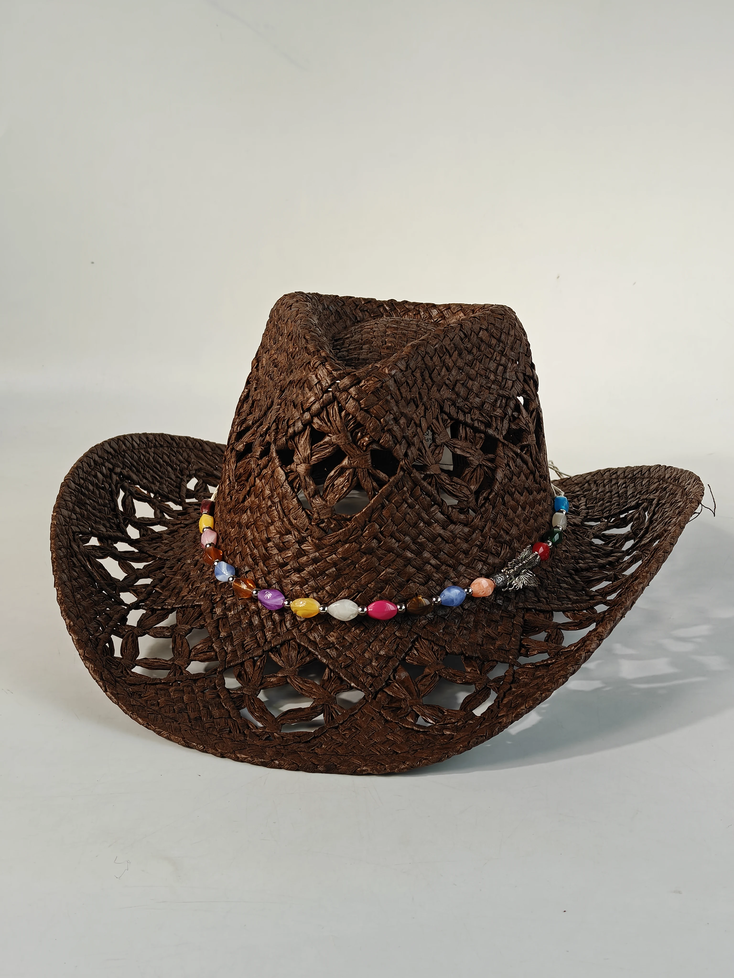 Colored beads women hollow straw hat Cowboy Hat Classic Vintage Hollow Out Unisex Curled Edge Wide Brim Men Sun Hat Fishing Hat