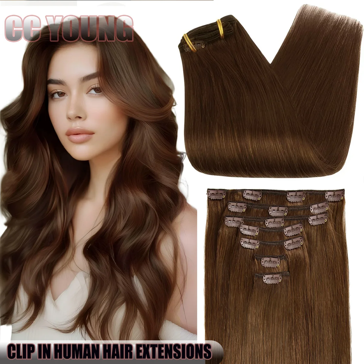 

Накладные волосы на клипсах, настоящие человеческие волосы, шоколадно-коричневые прямые волосы Remy для наращивания волос для добавления длины волос, 120 г, 7 шт.