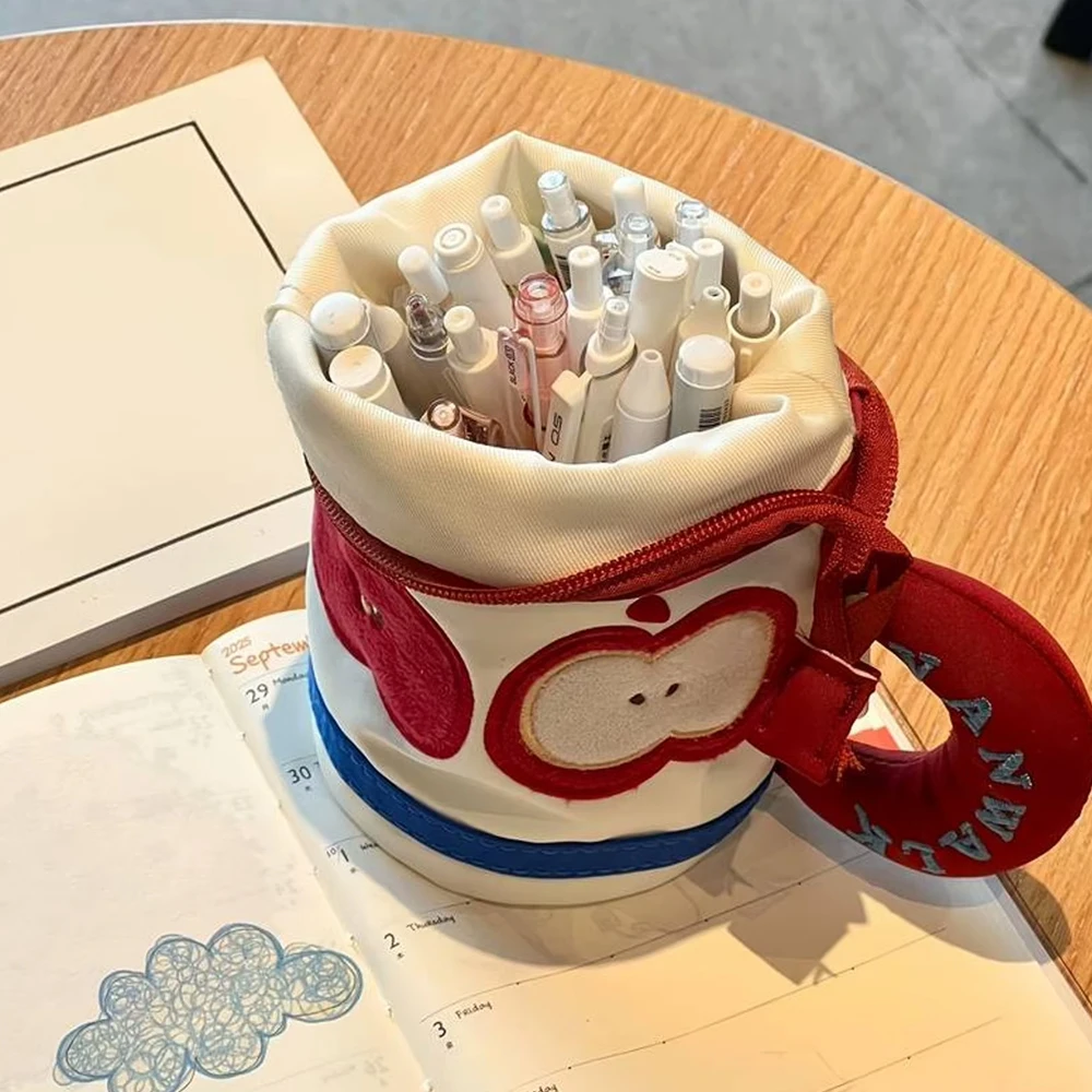 New Cute Apple-Shaped Cylindrical Folding Pencil Case, Trendy and Creative for Students, High Aesthetic Value, Large Capacity for Stationery and Makeup Storage