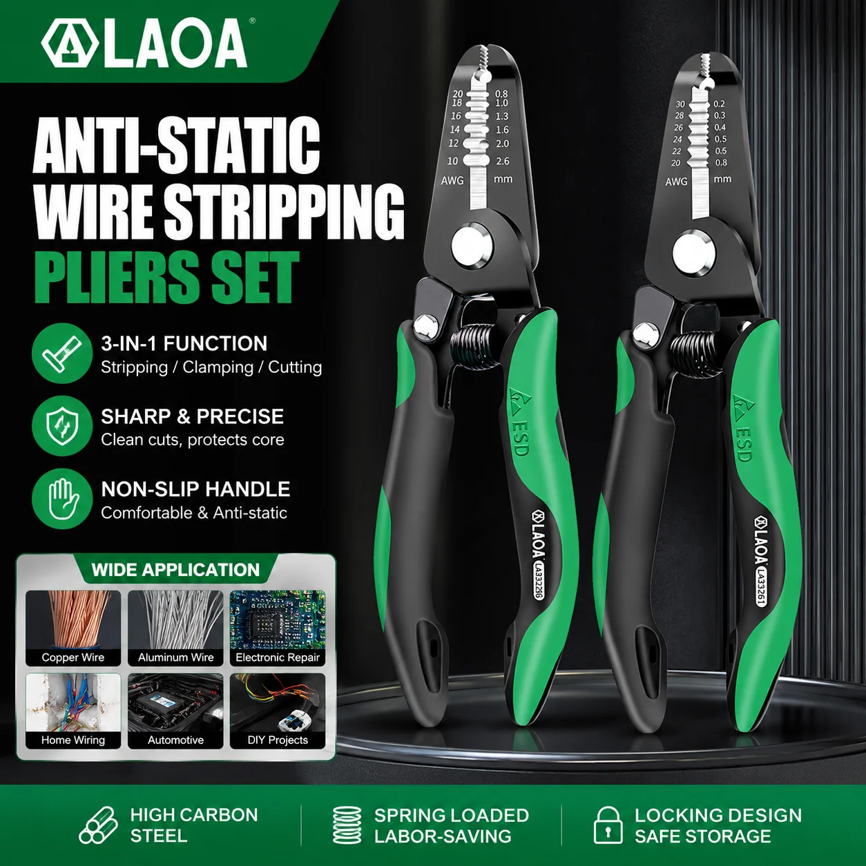 LAOA Anti Static Wire Stripping Pliers 3 in 1 Precision Stripper AWG 30-10 with Cutter Clamp ESD Safe Made in Taiwan