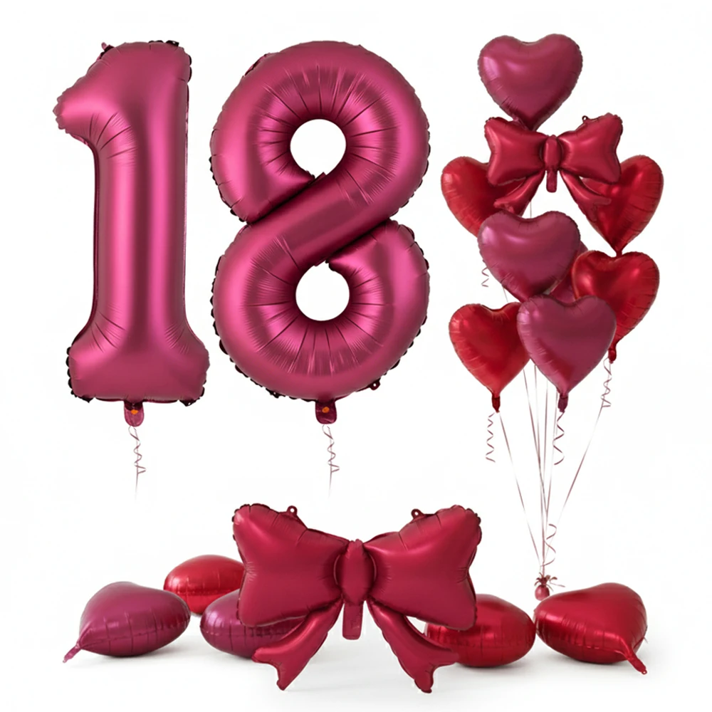 Globo de Número Grande Color Vino Tinto de 40 Pulgadas, Globo de Mylar Mate con Lazo de Corazón, Decoración para Fiesta de Cumpleaños de Niñas, San Valentín