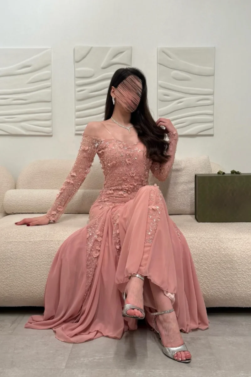 ジェシカ エレガント レース 長袖 イブニングドレス グリッター 3D デカール プロムドレス エレガント レディ フォーマルオケージョン パーティードレス