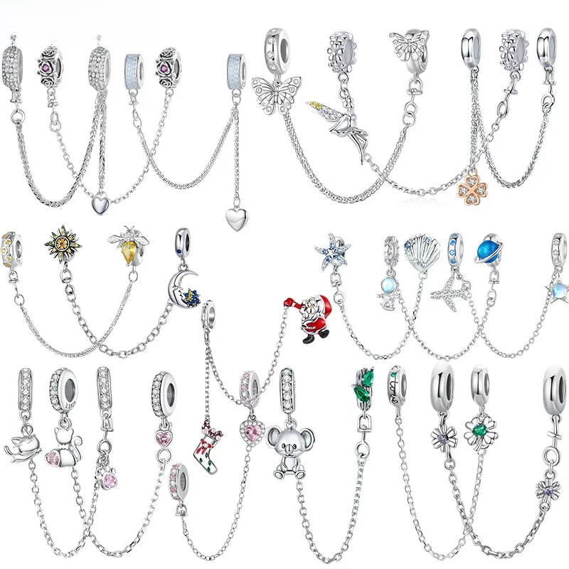 WOSTU 925 Sterling Silber Amimal Sicherheit Kette Herz Schlüssel Blume Anhänger CZ Charms Stopper