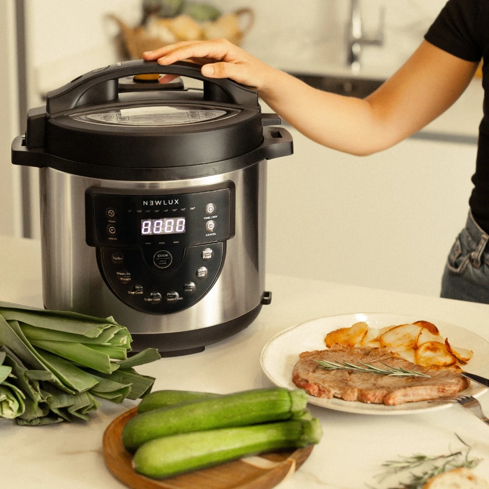 NEWLUX Olla Programable 6L Chef Pot V170 Negra, Olla a Presión con Voz, 15 Funciones, 1000W, Programable 24h, 4 Niveles Presión