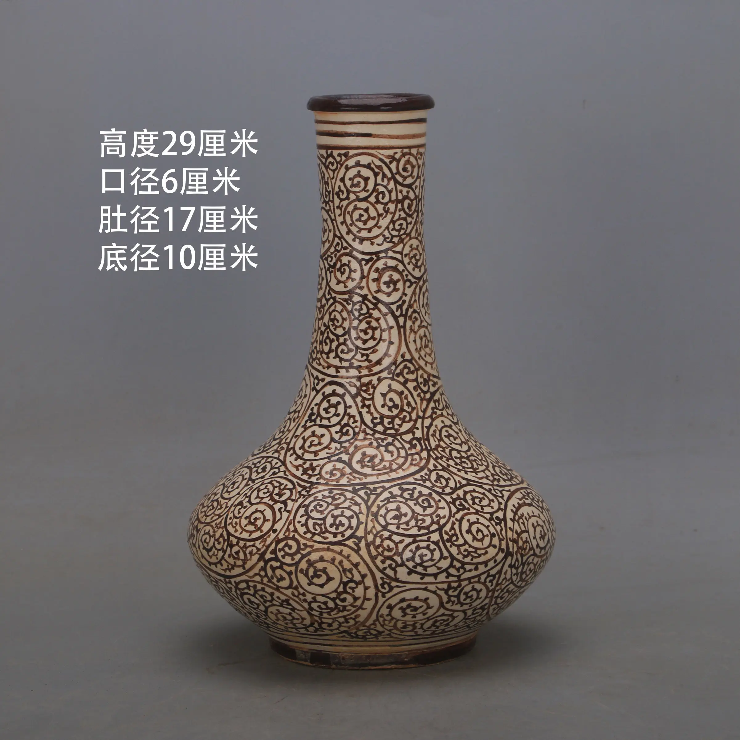 Jizhou Kiln Style Painted Scroll Pattern Flat Belly Vase Song Dynasty Vintage Ceramic Home Decor Collectible