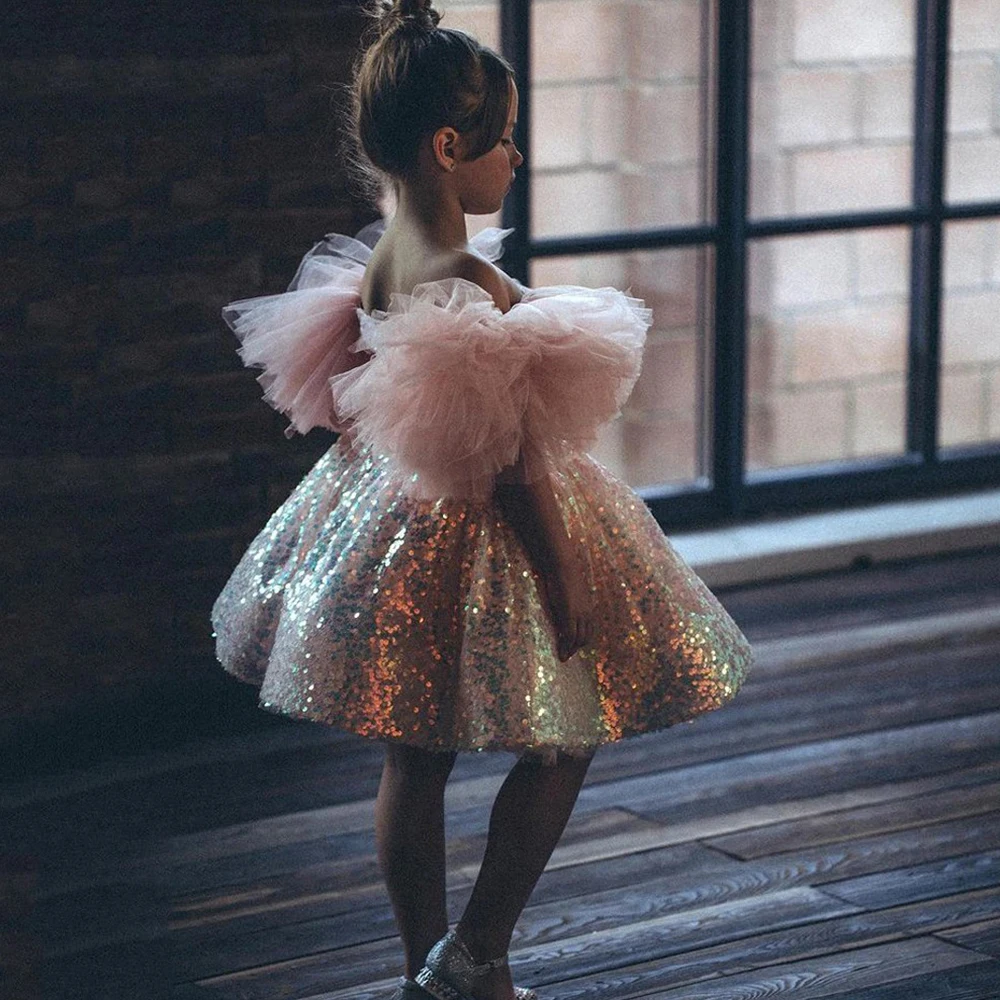 Cute Sequin Flower Girl Dress Tulle Sleeve Knee-Length Baby Festival Banquet Gowns for Wedding Party Custom Made Zipper Dresses