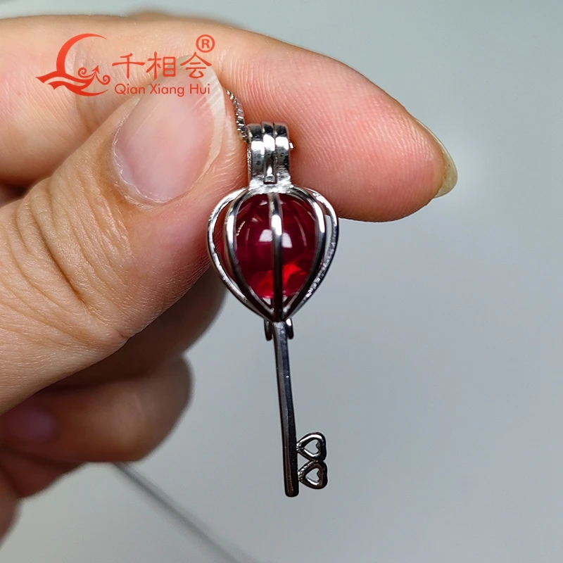 Scepter Key Pendant 10mm S925 Silver Ball Shape with Inclusions Lab-created Pigeon Blood Red Ruby Women's Jewelry Necklace