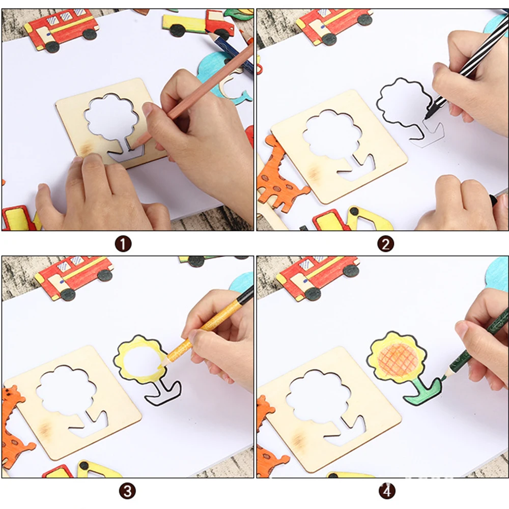 20Pack Kinderen Tekenspeelgoed DIY Schildersjablonen Sjabloon Houten Ambachtelijke Puzzel Educatief Speelgoed voor Jongens Meisjes Verjaardagscadeau