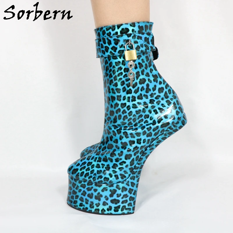 Sorbern Peacock Blue Leopard Ankle Boot With Locks Keys Heelless Ponyplay Heel Lockable Zipper Thick Platform Shoe Fetish Custom