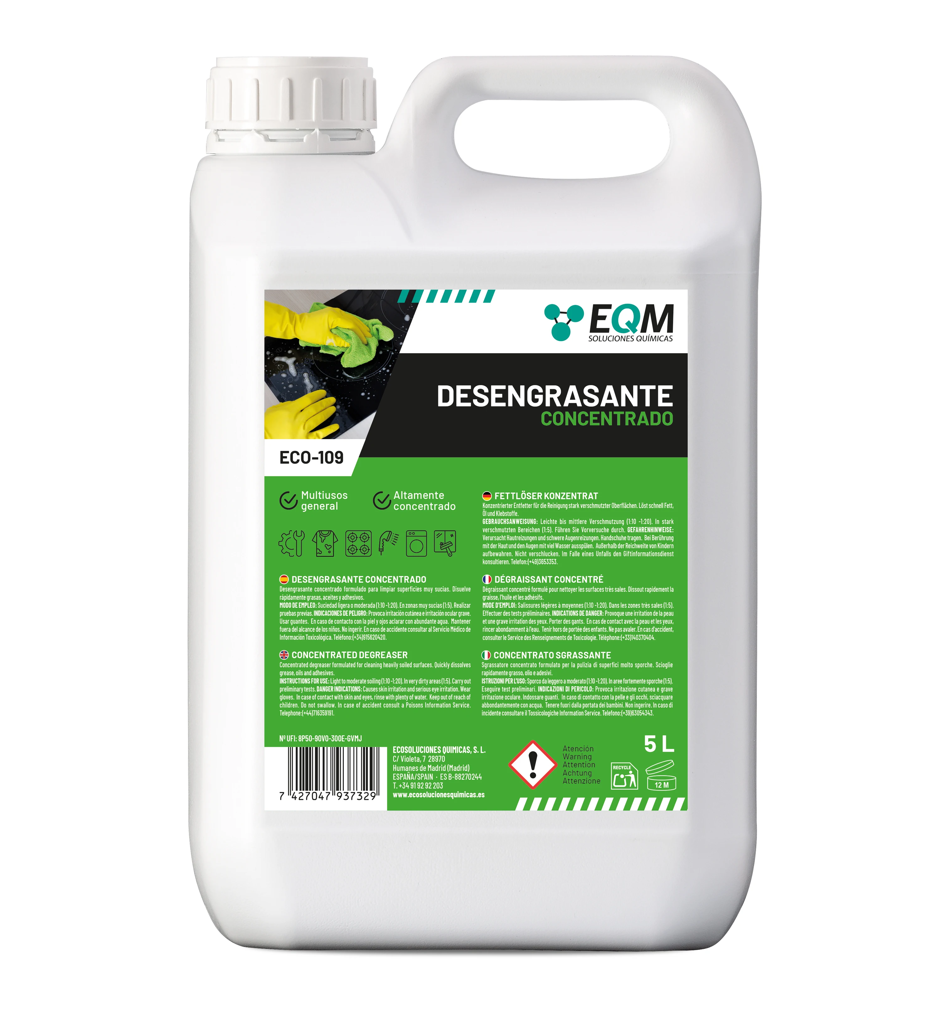 EQM - ECO-109 - Desengrasante Concentrado Enérgico - 5L - Limpieza cocinas, motores, maquinaria, suelos, talleres, quitagrasas