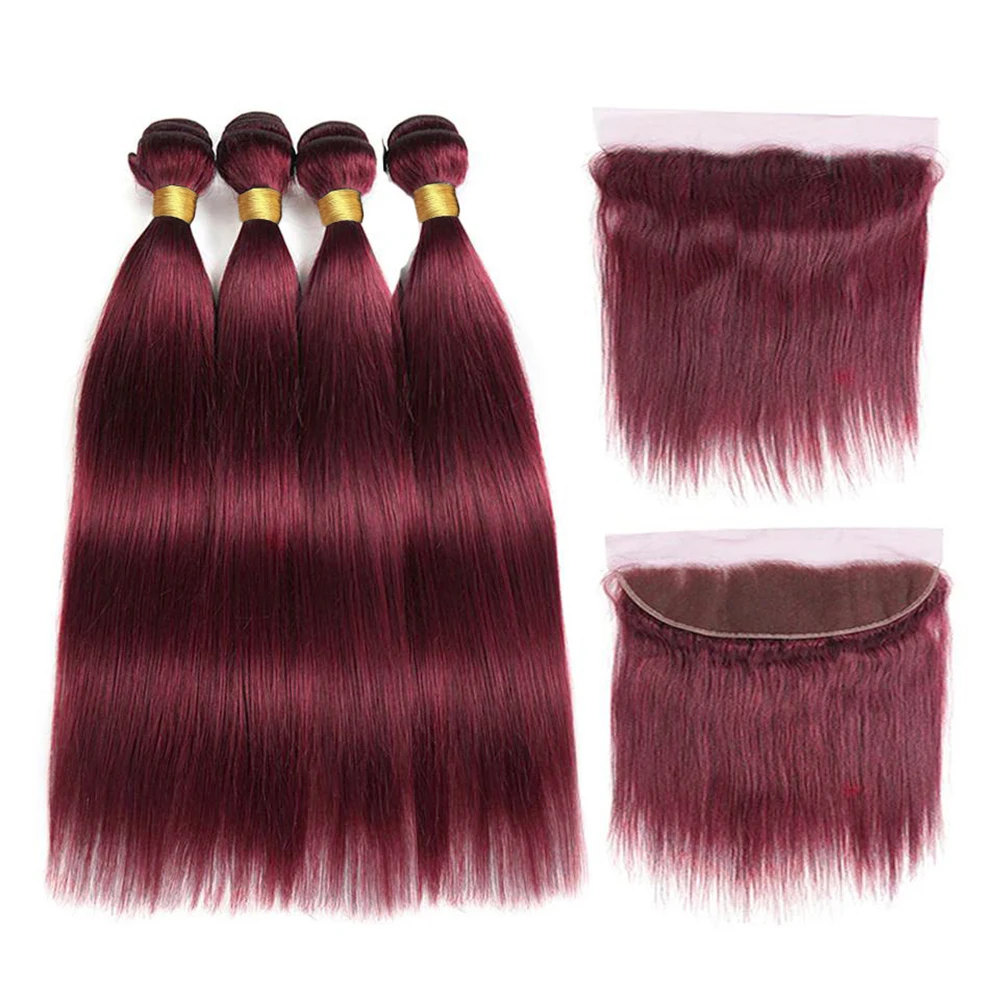 99j Rood Steil Mensenhaar 3 Bundels Met 13X4 Frontale Hd Lace Front Hair Extensions Voor Vrouwen 30Inch Bordeauxrood Weefbundels