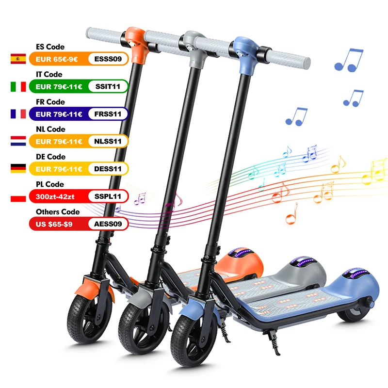 Trottinette électrique pour enfants, 6,5 pouces, 14 km/h, autonomie maximale de 5 à 8 km, musique Bluetooth, lumière colorée, trottinette électrique pliable pour enfants