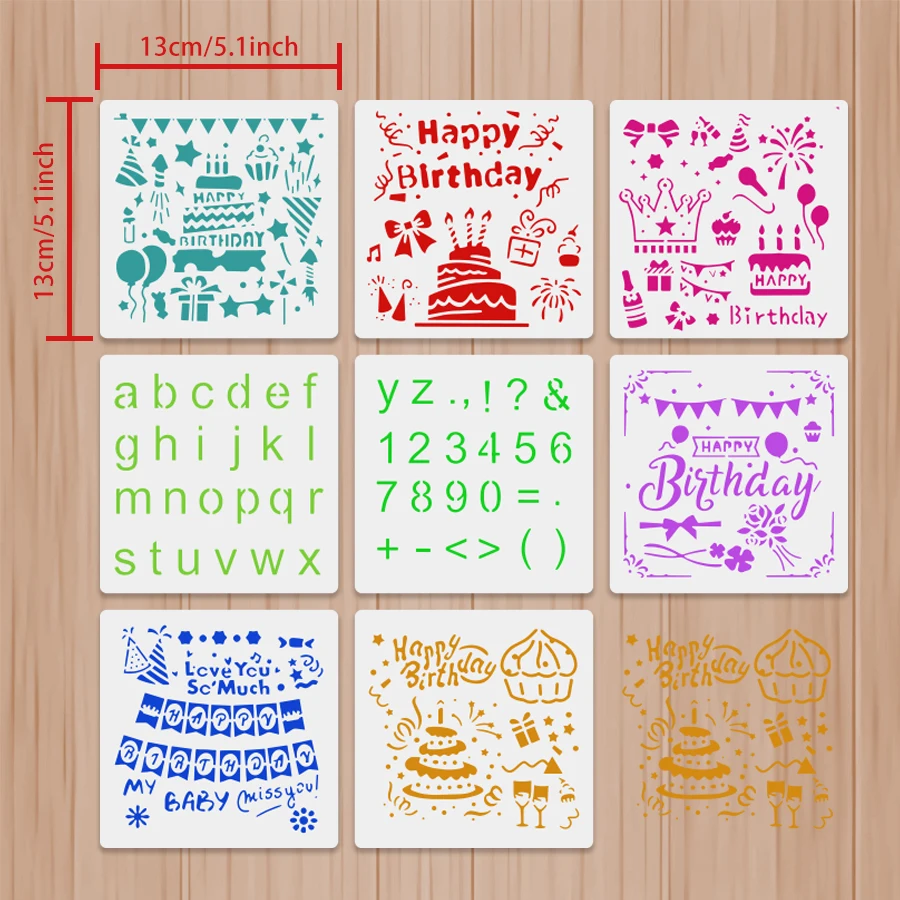 8pcs Happy Birthday Stencil Set 5.1x5.1inch DIY Letter and Number Templates for Card Making Scrapbooking Cake Wall Decoration