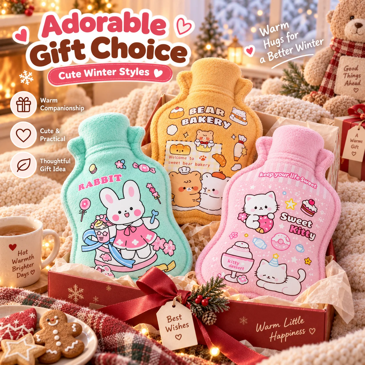 1PC Plush Hot Water Bottle Cute Cartoon Warm Water Bag Soft Fleece Cover Reusable Hand Warmer for Winter Home