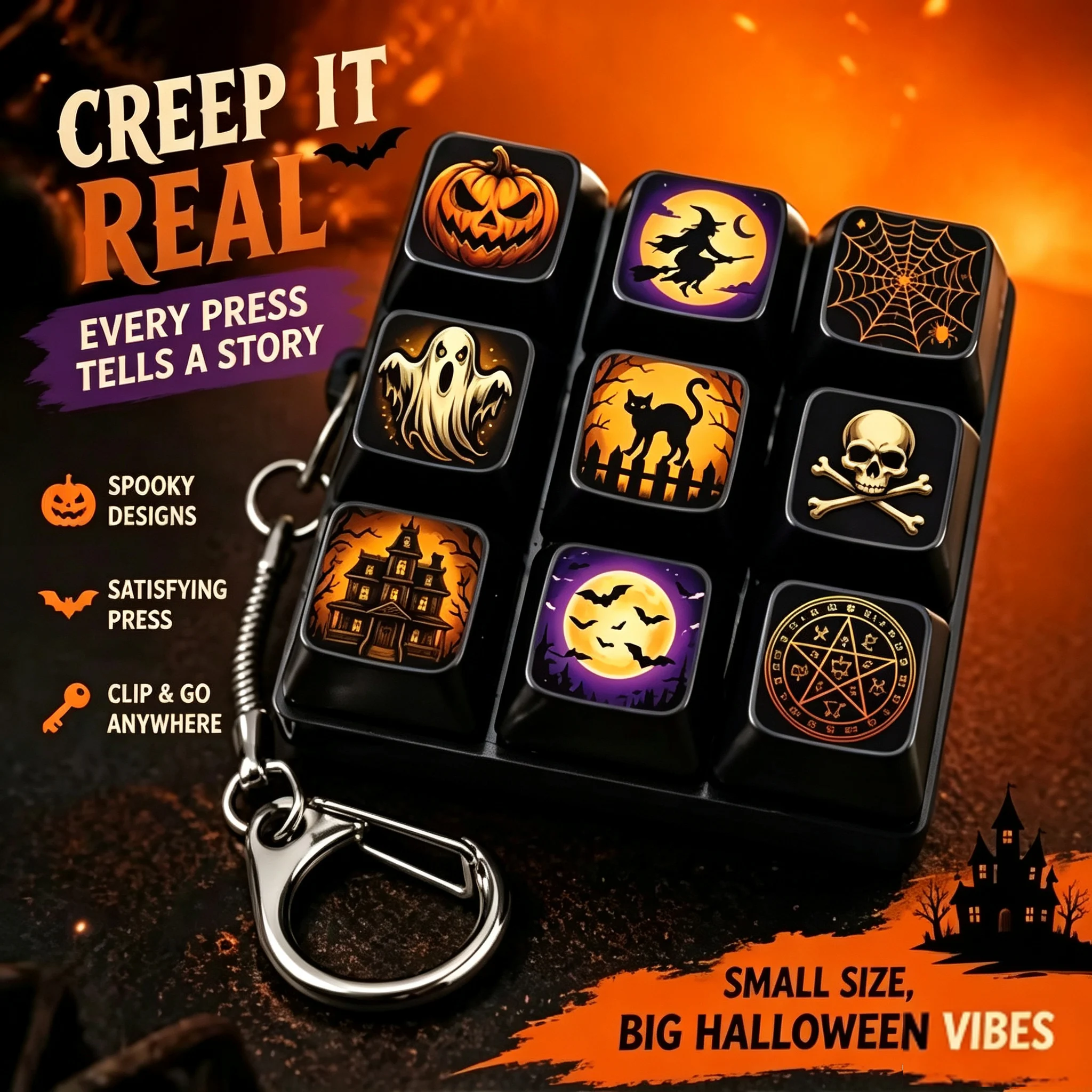 Halloween Fidget Keychain, Spooky Pumpkin Ghost Witch Themed Multi‑Button Press Fidget Toy, Portable Stress Relief Button Toy