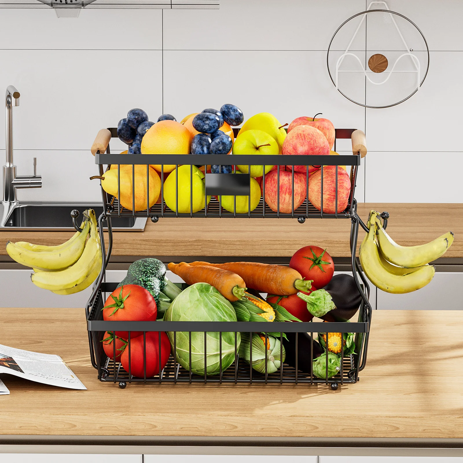 2 Tier Large Fruit Basket for Kitchen Counter with 2 Mobile Banana Hangers, Detachable Metal Fruit Bowl with Wooden Handle