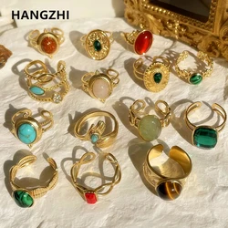 New Colorful Natural Stone Rings Rhinestone Oval Geometric Stainless Steel Irregular Open Ring Vintage Stacked Jewelry for Women