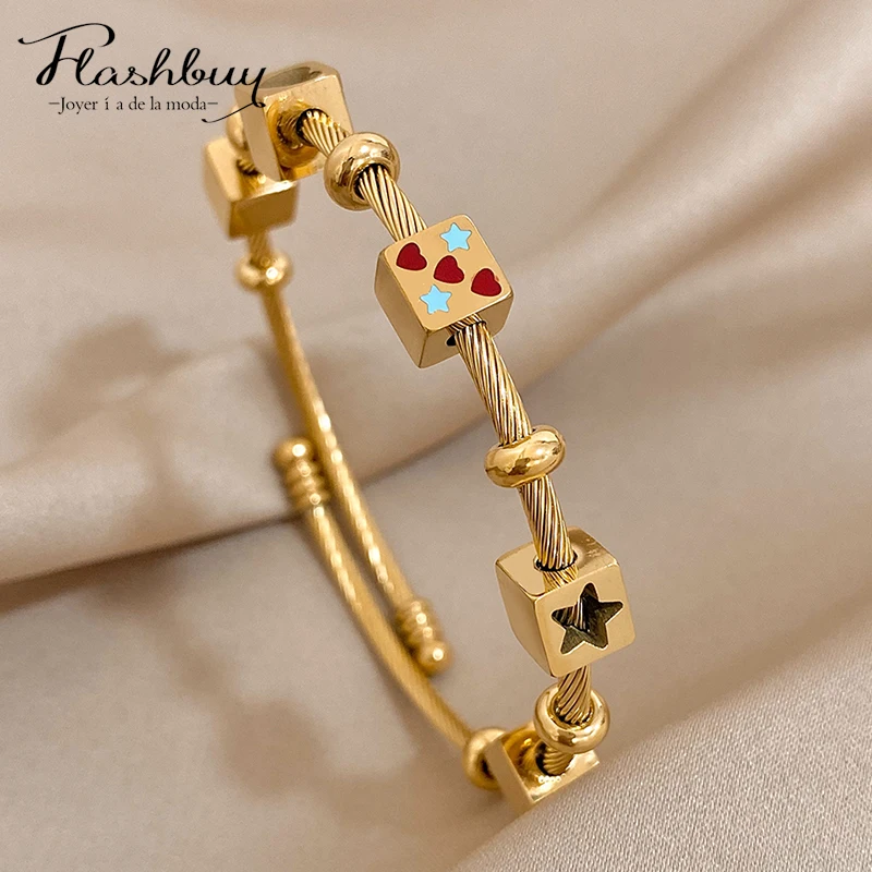 Flashbuy-pulsera de acero inoxidable para mujer, brazalete con dijes de corazón, estrellas de amor, chapado en oro de 18k, joyería impermeable