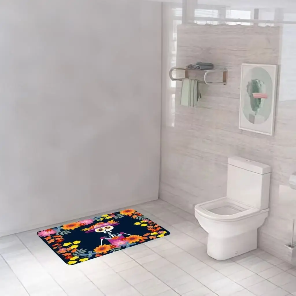 Day of the Dead Bath Mat: Cute Skeleton with Colorful Floral Border Non-Slip Rug for Bathroom Decor