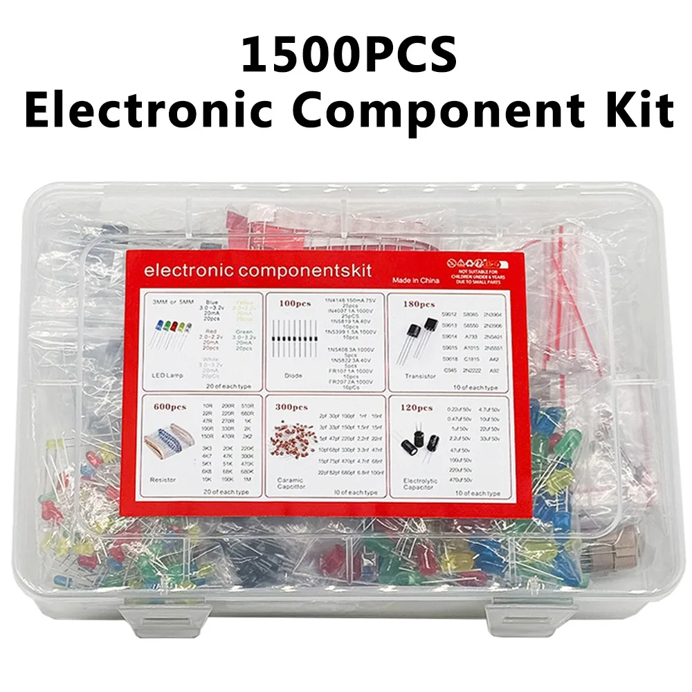 

Набор электронных компонентов 1500 шт.: резисторы, электролитические конденсаторы, светодиоды F5мм, F3мм, диоды, транзисторы, керамические конденсаторы в коробке
