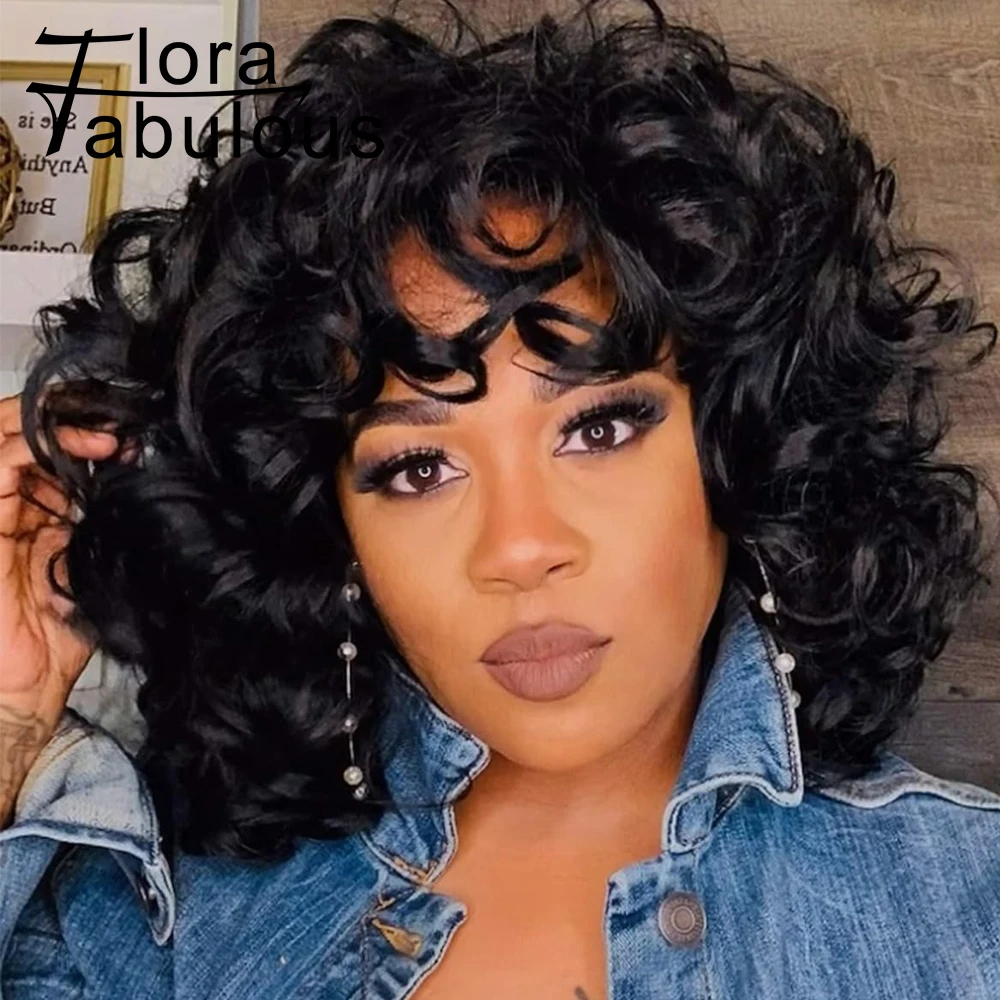 Bouncy Curls Bob Peruca com Franja, Afro Kinky Curly Wig, Cabelo Humano Virgem Brasileiro Grande Preto, Glueless Pixie Cut Perucas, 10A