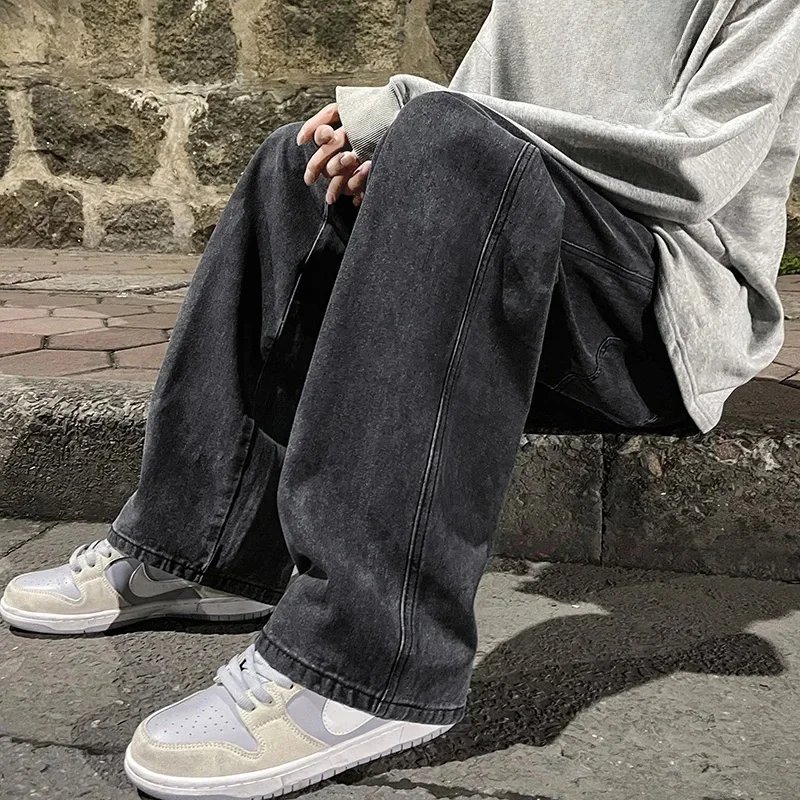 Męskie jeansy 2025 wersja koreańska studenckie spodnie codzienne High Street proste luźne szerokie nogawki czarne szare niebieskie baggy jeansy — zdjęcie 2