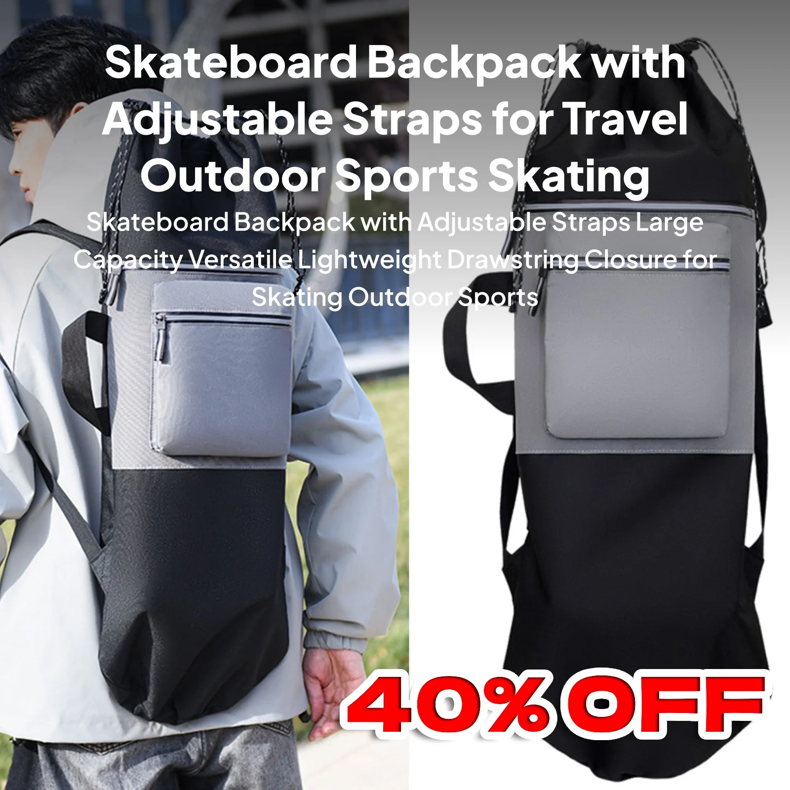 

Skateboard Backpack with Adjustable Straps Large Capacity Versatile Lightweight Drawstring Closure for Skating Outdoor Sports