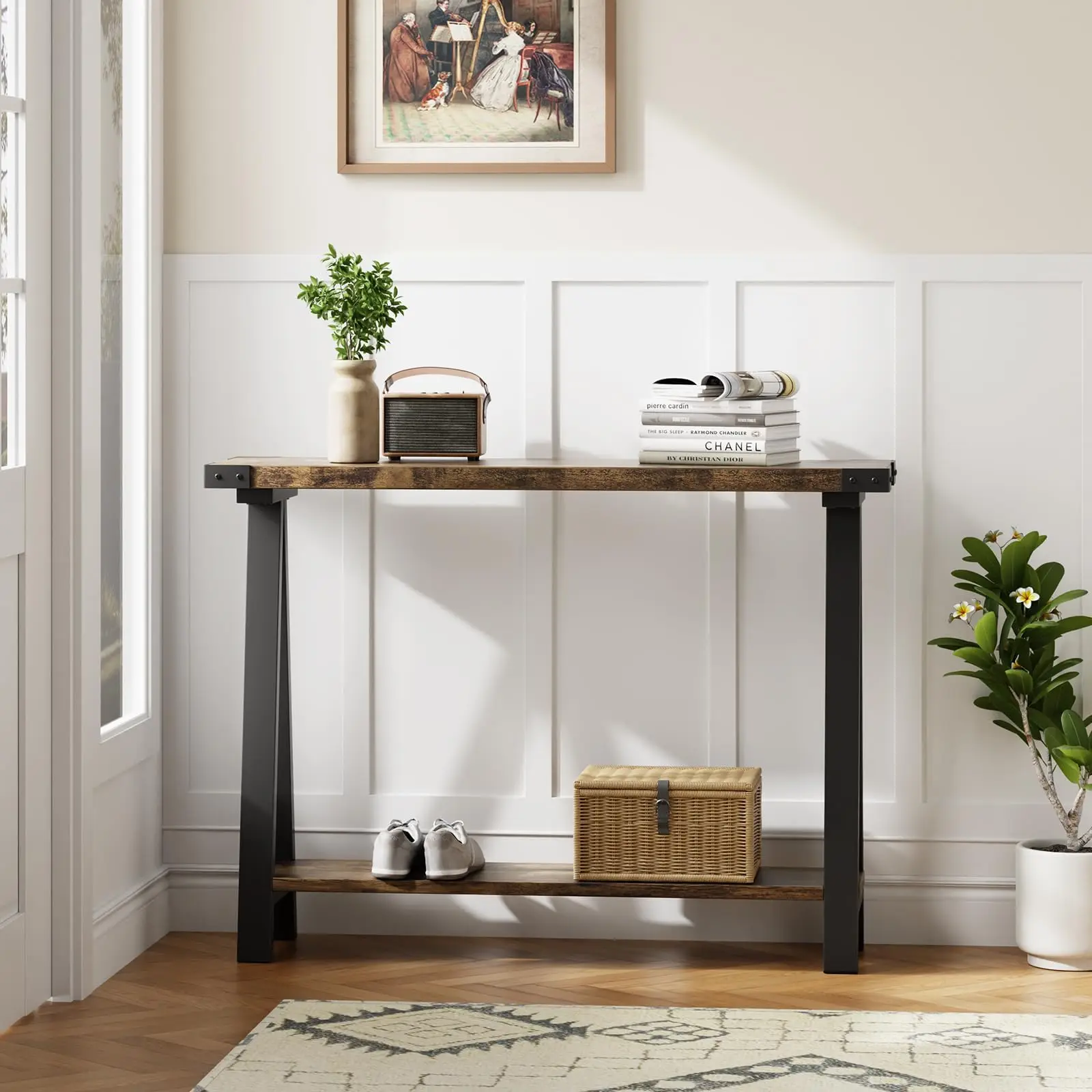 Mesa consola rústica con 2 estantes, estructura metálica resistente, estante de almacenamiento que ahorra espacio, ideal para entrada, sala de estar, pasillo, detrás del sofá, color vintage
