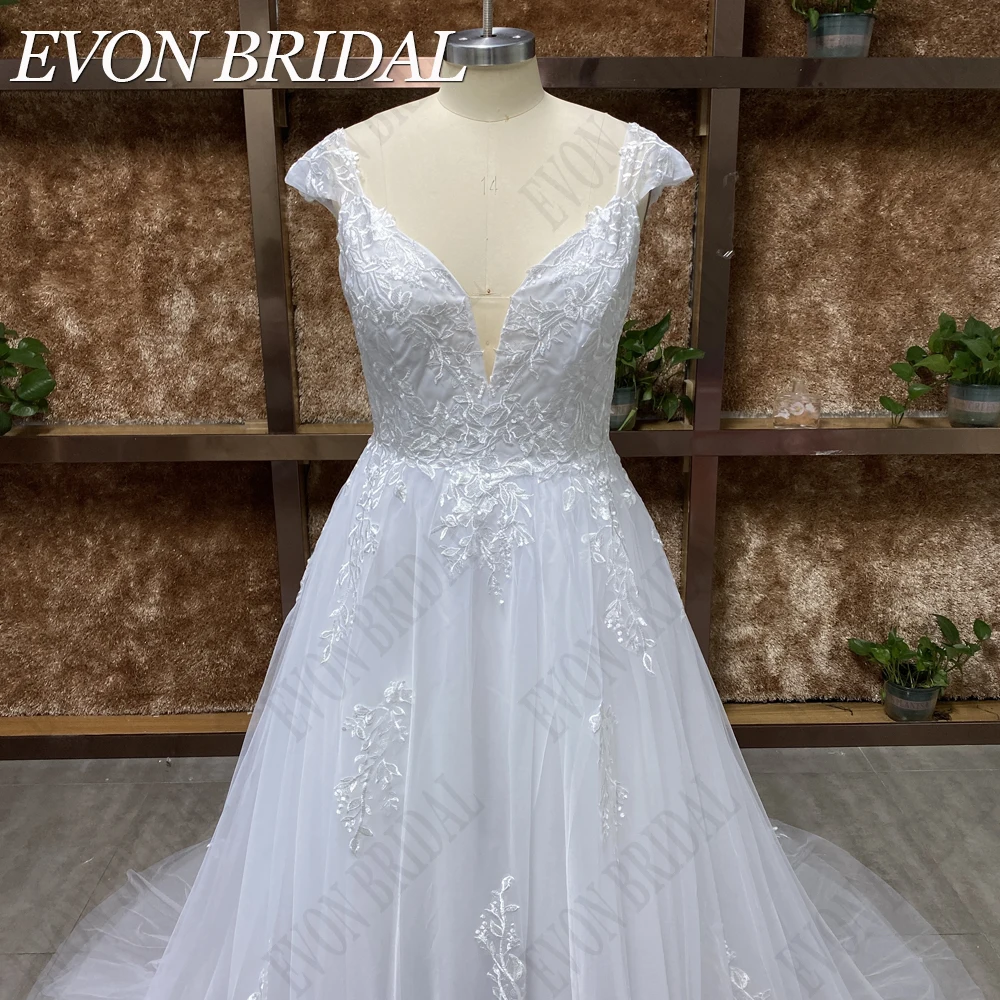 EVON BRIDAL Suknie ślubne dla kobiet 2024 Koronkowe rękawy na ramiączkach vestidos de novia Civil V-Neck Tulle Plus Size Real Photo Suknia ślubna Eleganckie wykonane na zamówienie aplikacje bez pleców Suknie ślubne na