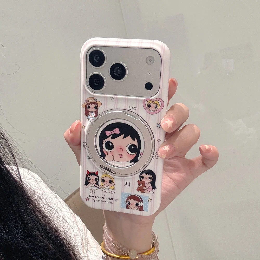 Kawaii Cartoon Girl Magnetic Holder Phone Case for iPhone 18 Pro 15 16 17 18 Pro Max 16 Pro, Fashion Shockproof Protective Cover